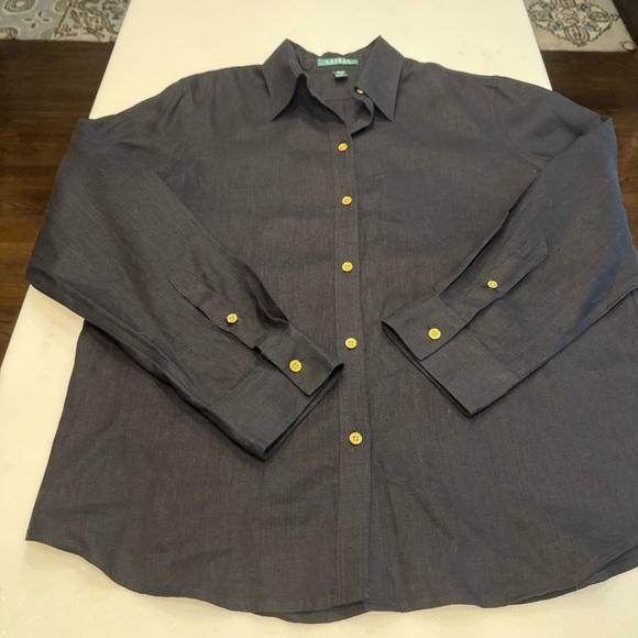 Lauren Ralph Lauren LINEN Button Down Shirt Black Gold Buttons Size L NEW Sz L - Picture 2 of 9